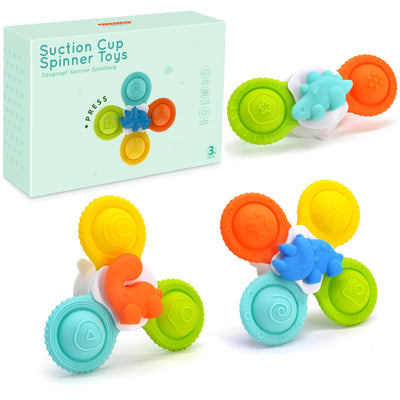 Suction cup toy baby, 3 pieces silicone baby bath toy with rotating suction cup, fidget spinner sensory toy