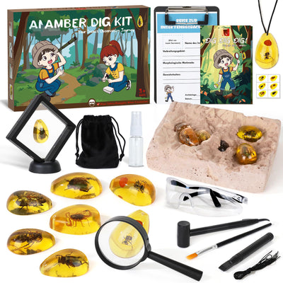 Excavation set for children, amber excavation set with 6 artificial insect fossils, experiments