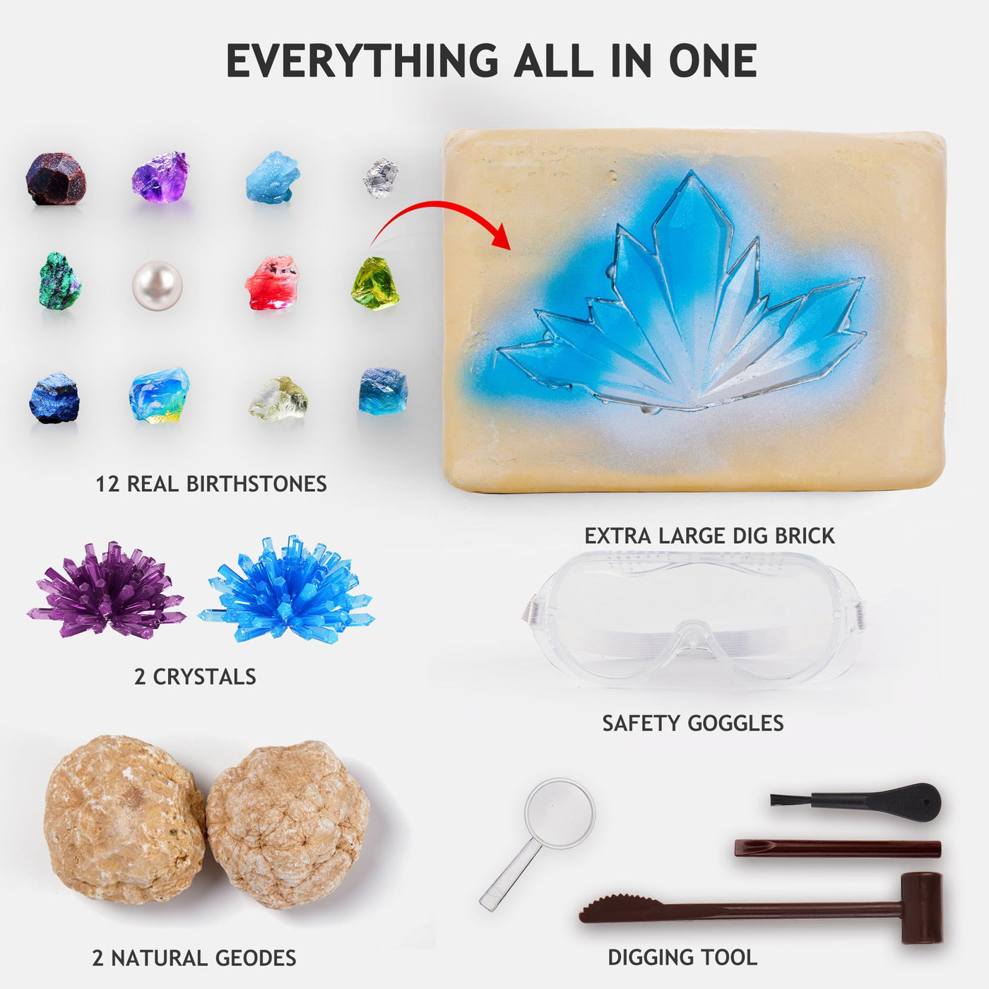 Excavation set for children, STEM science toy gems excavation, geodes to break open set, crystals growing kit