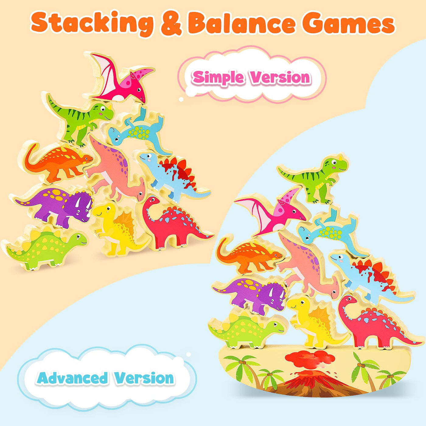 Stacking game dinosaur toy, balancing stacks