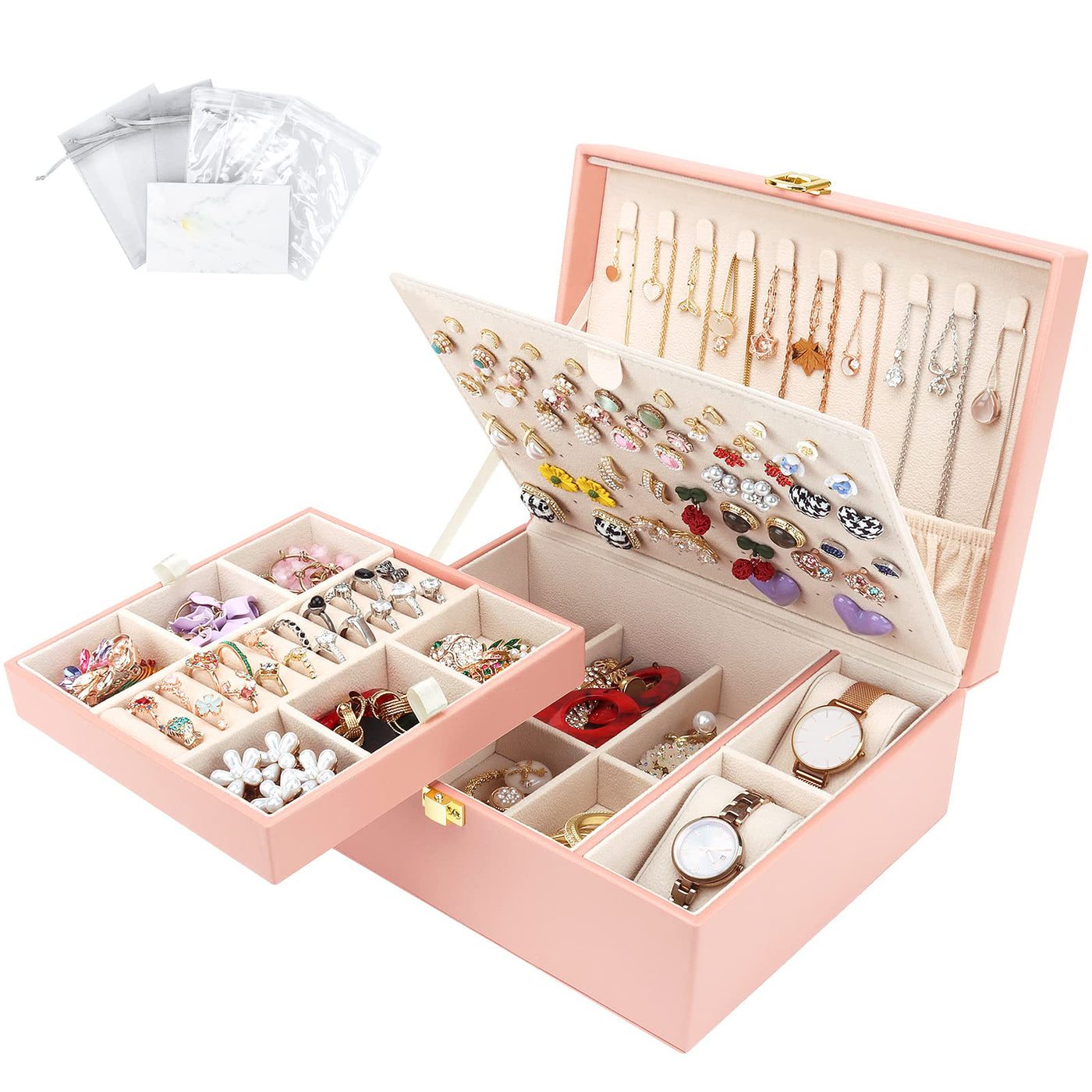 Jewelry box for necklaces, earrings, bracelets, rings, watches, with removable