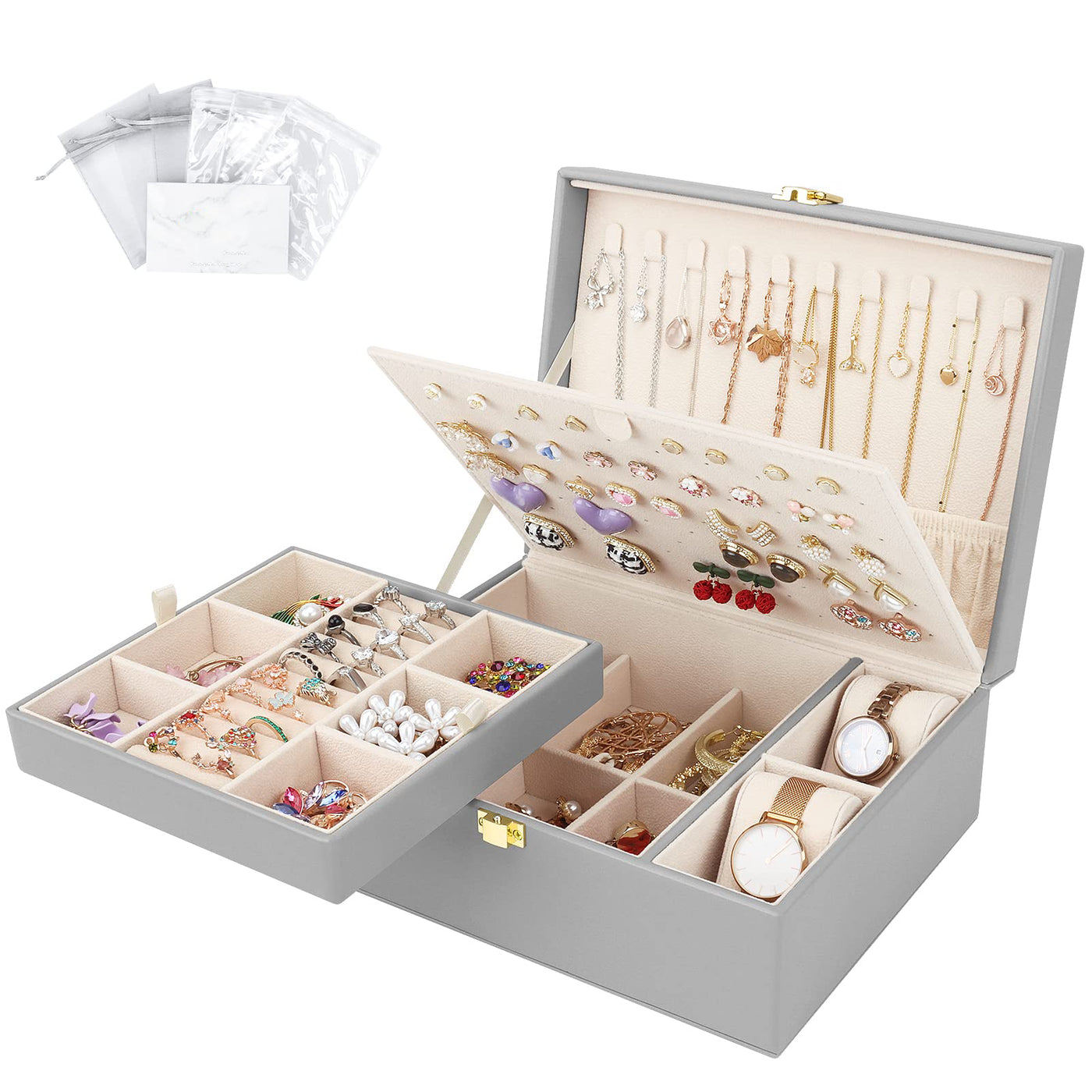 Jewelry box for necklaces, earrings, bracelets, rings, watches, with removable