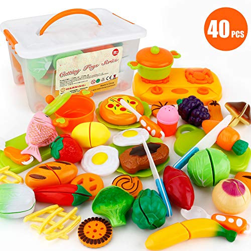 Lebensmittelspielzeug, Schneiden von Obst und Gemüse, Rollenspiel, Lernspielzeug, Kinderküchenzubehör mit Aufbewahrungskoffer, Geschenk für Kinder