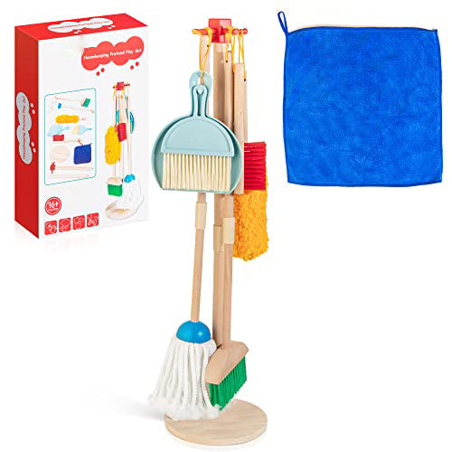 Kids wooden cleaning set, 8 piece household toys role play set including broom mop dustpan brushes rags hand brush stand