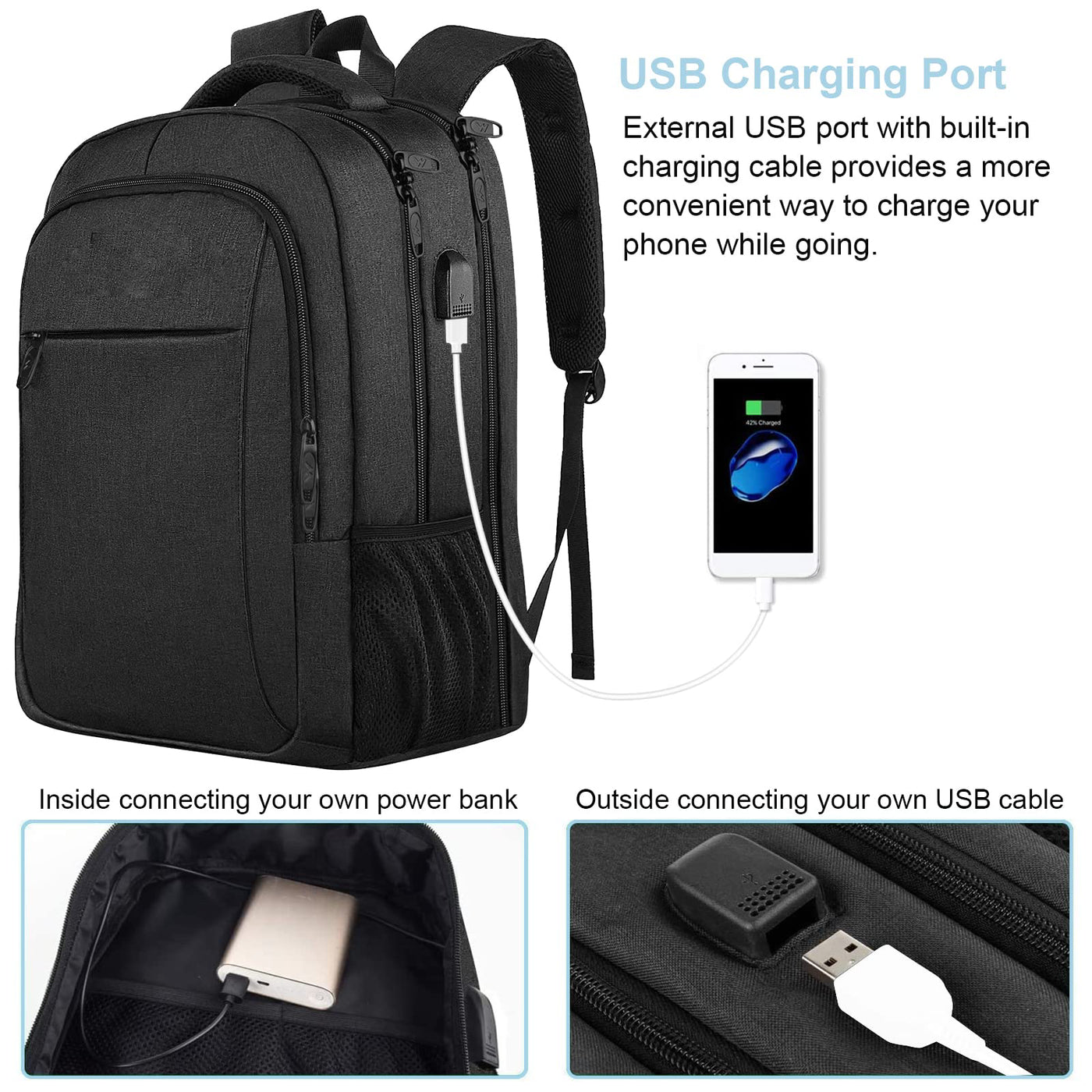 Sac à dos, grand sac à dos pour ordinateur portable pouces sac à dos scolaire sacoche pour ordinateur portable avec port de charge USB antivol