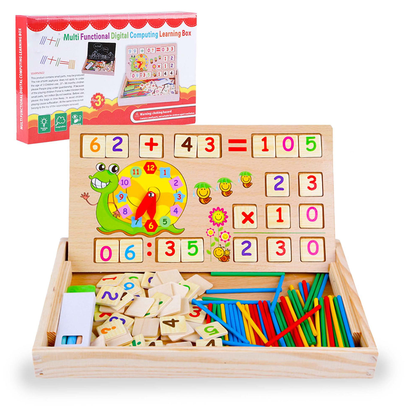 Math toy,Multifunction wooden learning box with multifunctions: Learn numbers with arithmetic sticks, drawing, get to know the clock