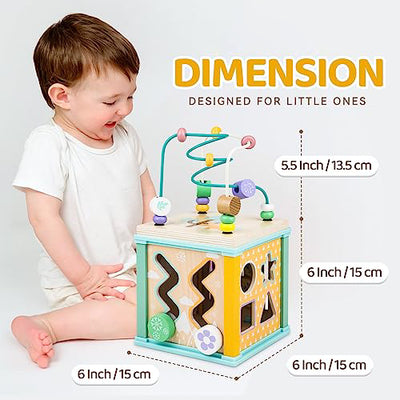 Motor cube wood, motor toys for kids, 5 in 1 activity cube