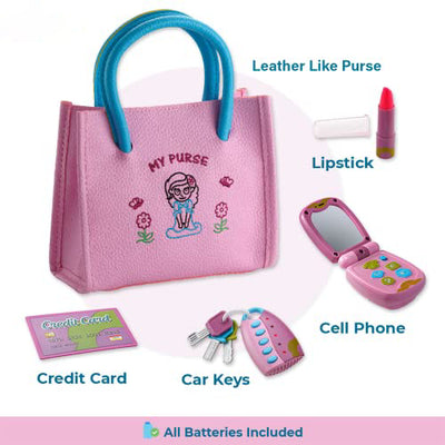 Princess set with purse, flip phone, light up remote control with keys, play lipstick, kids credit card - role play toys