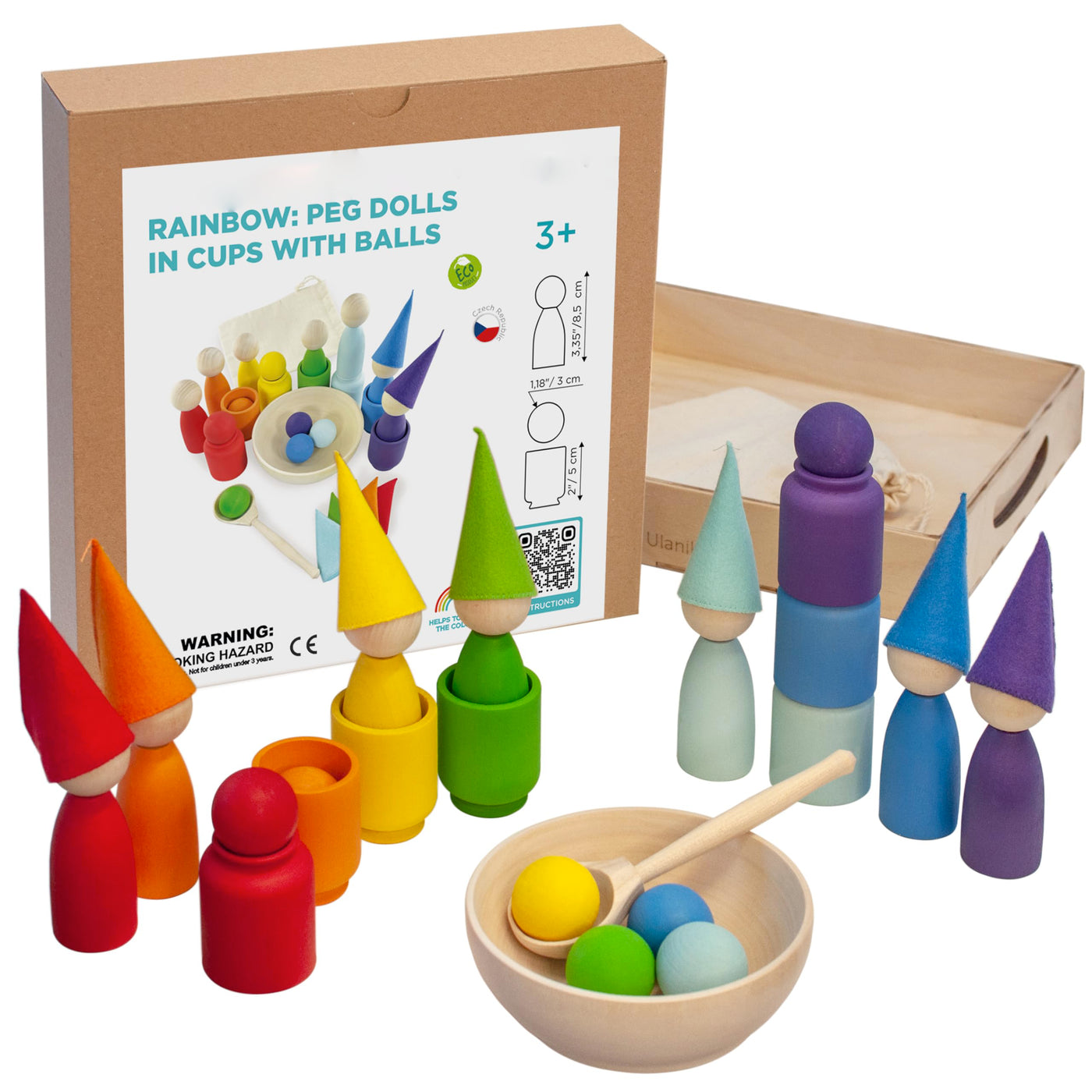 Large rainbow peg dolls and balls in cups Waldorf dolls sensory wooden games for learning colors