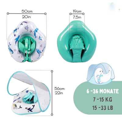 unique baby swimming ring with hand-painted motifs | innovative baby swimming aid with sun canopy