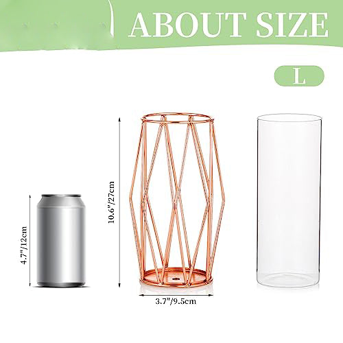 Vase For Pampas Grass, Glass Rose Gold Vase High Floor Vase With Geometric Metal Frame Stand