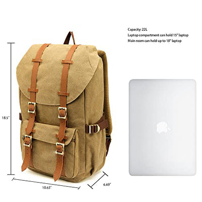 Vintage canvas backpack cotton daypack for 15" notebook with pencil case for school, college, travel, hiking