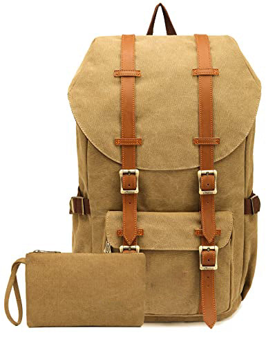 Vintage canvas backpack cotton daypack for 15" notebook with pencil case for school, college, travel, hiking