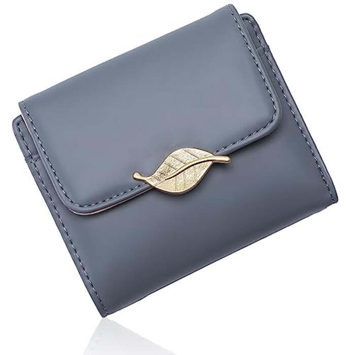 Wallet with RFID Blocking PU Leather Purse Small Wallet with Gold Leaf Buttons and Multiple Card Slots