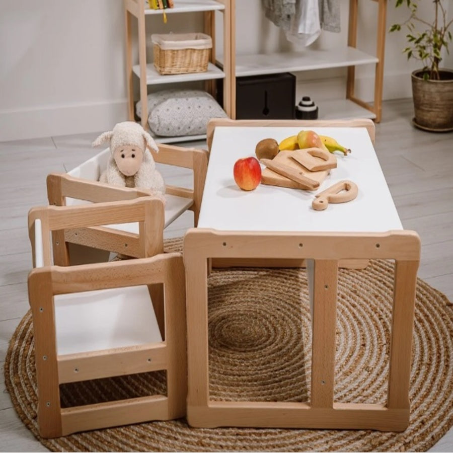 Montessori furniture set. Multifunctional bench and two chairs