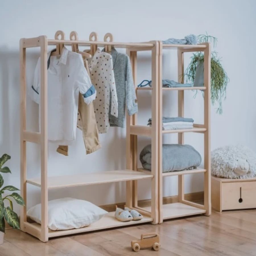 Montessori nursery furniture. Coat hangers for children with shelf