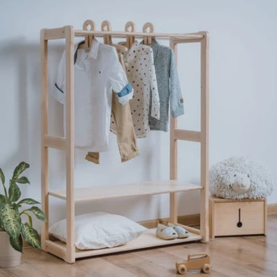 Montessori children's room furniture. Coat hanger for children with shelf