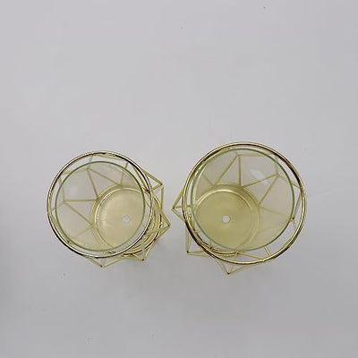 2Pcs/Set Vase For Pampas Grass, Glass Gold Vase High Bottom Vase With Geometric Metal Frame Stand