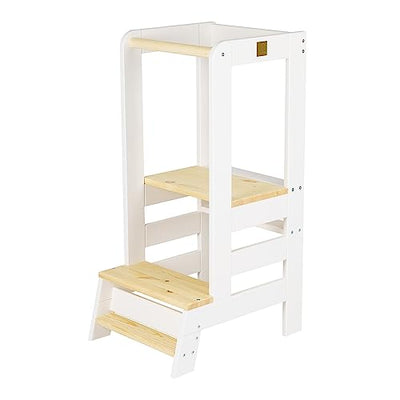 Tour d'apprentissage pour enfants – Tour d'apprentissage réglable pour bébé en bois naturel, chaise d'apprentissage stable pour la cuisine, tour de cuisine sûre et pratique pour bébés, blanc-naturel 