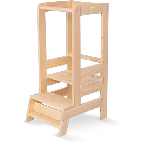 Learning Tower for Kids - Baby Adjustable Learning Tower Natural Wood, Toddler Stable Learning Chair for Kitchen, Babies Safe and Practical Kitchen Tower, Natural