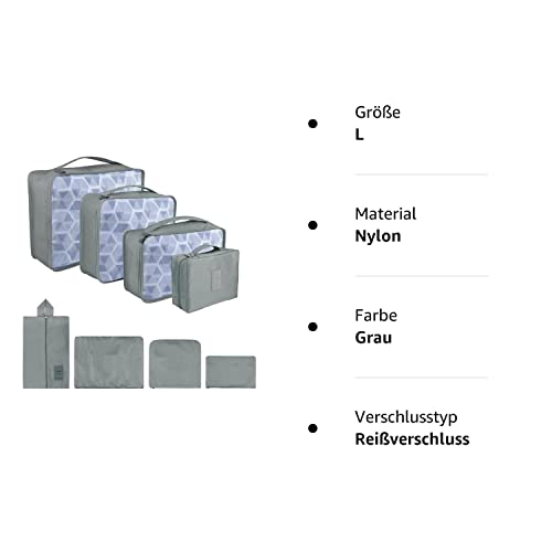 Packung mit 8 Packwürfeln, Koffer-Organisationswürfel, mit Schuhbeutel, Wäschesack, Reise-Organisatoren, Kleidersäcke, für Rucksack, grau