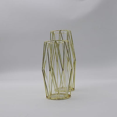 2Pcs/Set Vase For Pampas Grass, Glass Gold Vase High Bottom Vase With Geometric Metal Frame Stand