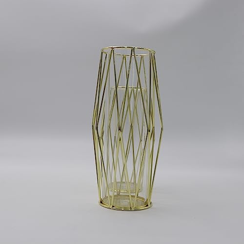 2Pcs/Set Vase For Pampas Grass, Glass Gold Vase High Bottom Vase With Geometric Metal Frame Stand