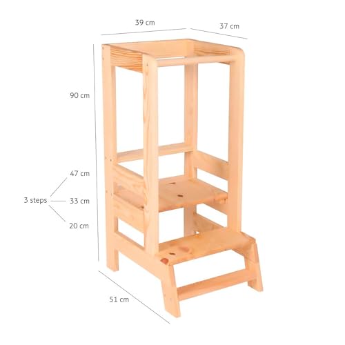 Learning Tower for Kids - Baby Adjustable Learning Tower Natural Wood, Toddler Stable Learning Chair for Kitchen, Babies Safe and Practical Kitchen Tower, Natural