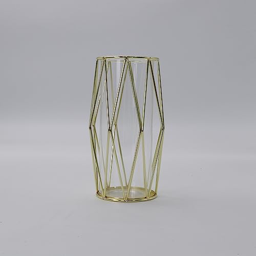 Vase For Pampas Grass, Glass Gold Vase High Floor Vase With Geometric Metal Frame Stand