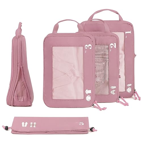 5-teiliges Kompressionskoffer-Organisatorenset für Rucksack Kompressionspackwürfel Packwürfel Kofferorganisator Packsäcke Kleidersäcke für Koffer Reiseorganisator (Rosa)