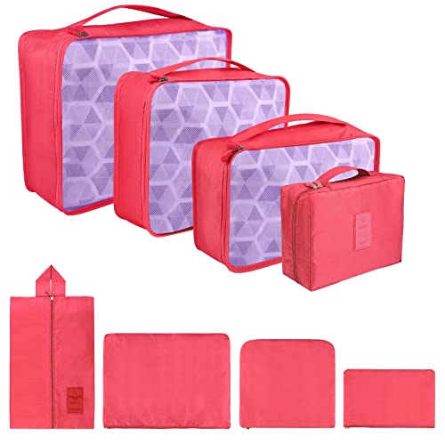 Lot de 8 cubes de rangement, cubes d'organisation pour valise, avec sac à chaussures, sac à linge, organisateur de voyage, sacs à vêtements, pour sac à dos, rose cerise