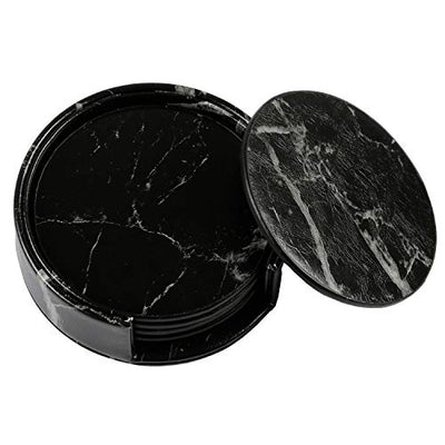 Coaster Black PU Leather Round Coaster Marble Pattern Set Of 6 For Glasses