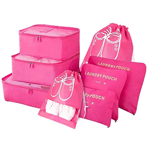 Organisateur de valise, 8-en-1 Set Organisateur de bagages, Sacs de vêtements de voyage imperméables comprenant 2 sacs à chaussures, 3 cubes d'emballage et 3 sacs de rangement, pour les vêtements, les chaussures, les cosmétiques, Rose Red