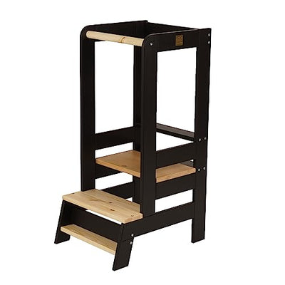 Learning Tower for Kids - Baby Adjustable Learning Tower Natural Wood, Toddler Stable Learning Chair for Kitchen, Babies Safe and Practical Kitchen Tower, Black-Natural