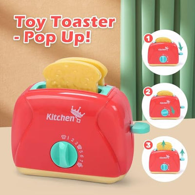 Toy Kitchen Tools Playset, Kids Kitchen Toy Mixer and Mixer with Sound and Light, Play Toaster, Cutting Play Food, Toddler Play Kitchen Accessories Set