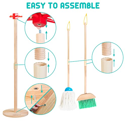 Kids wooden cleaning set, 8 piece household toys role play set including broom mop dustpan brushes rags hand brush stand