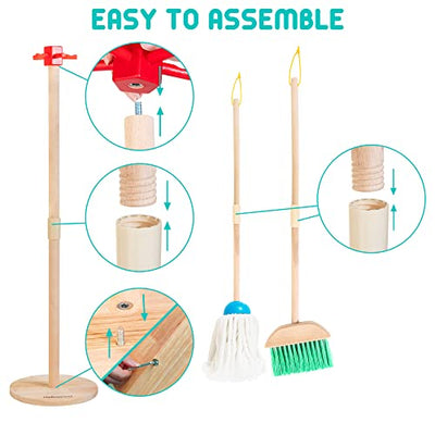 Kids wooden cleaning set, 8 piece household toys role play set including broom mop dustpan brushes rags hand brush stand