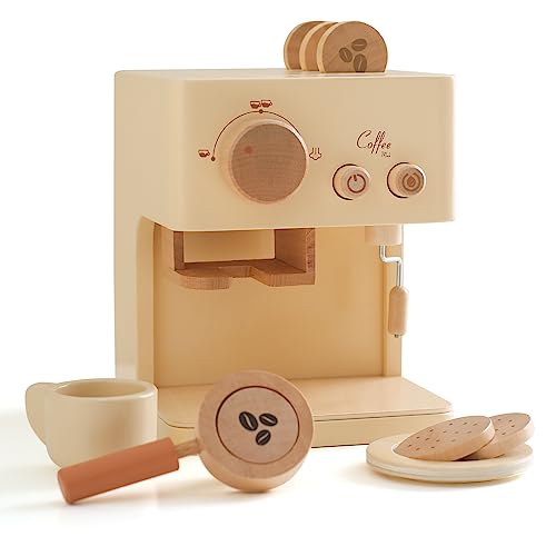 Hölzerne Kaffeemaschine mit Dreh- und Druckknöpfen, ideales Zubehör für die Kinderküche