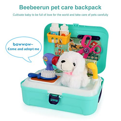 Animal care role play toy 16pcs, veterinarian playset, care feeding puppy dog backpack game, educational toy