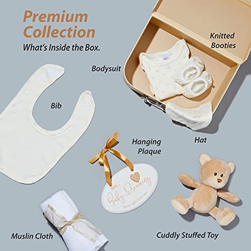 Baby gift set for newborn - hand wrapped unisex baby gift - gift set baby with suitcase, teddy bear, knitted baby shoes, bib, cap, muslin diaper and tag to hang up