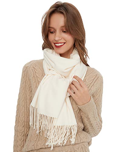 Scarf Warm Winter Autumn Plain Cotton with Tassels/Fringes, 40+ Colors Solid & Plaid Pashmina xl Scarves Cream White NOT Pure White