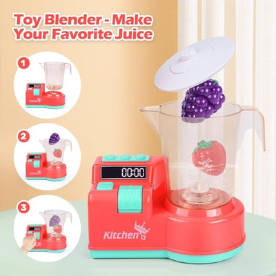 Toy Kitchen Tools Playset, Kids Kitchen Toy Mixer and Mixer with Sound and Light, Play Toaster, Cutting Play Food, Toddler Play Kitchen Accessories Set