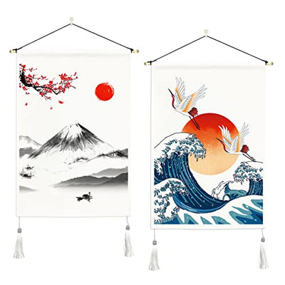 Japanese tapestry, Mount Fuji, wall hanging, great wave crane, wall art with tassels, cherry blossoms, sun tapestries