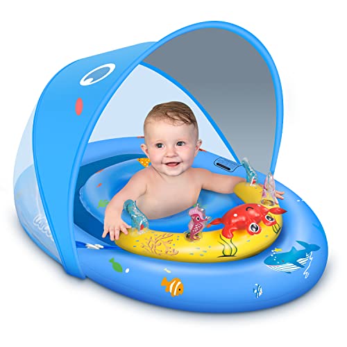 Swim Ring Baby with UPF50+ Sun Canopy & Toys, Swim Aid Baby for Pool, Toddler Pool Swim Ring for 6-36 Months (Blue)