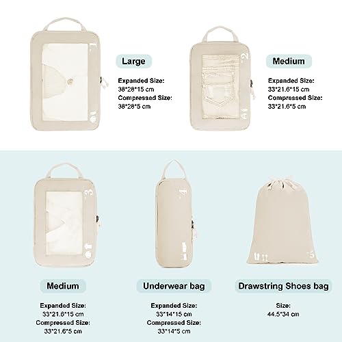 5-teiliges Kompressionskoffer-Organisatorenset für Rucksack Kompressionspackwürfel Packwürfel Kofferorganisator Packsäcke Kleidersäcke für Koffer Reiseorganisator (Beige)