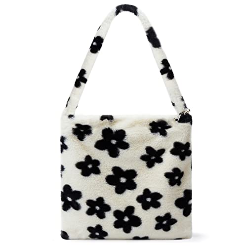 Plush Handbag with Zipper Cute Fluffy Crossbody Bag Shoulder Bag, Black Flowers