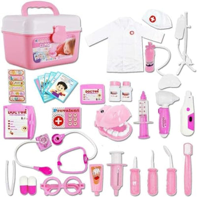 Coffret de jeux de rôle pour enfants pour dentistes, chirurgiens et vétérinaires, 30 pièces avec lumière et son, comprenant un stéthoscope électronique, une casquette de laboratoire et un équipement de jeu médical (rose). 