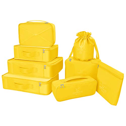 Organisateur de valise, sacs à vêtements pour le voyage, 8 pièces, 7 couleurs, organisateur de bagages de voyage incluant un sac de rangement de chaussures imperméable, sacs de compression pratiques pour les voyageurs Jaune