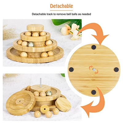 Cat Toy Self Occupation, Interactive Wooden Cat Toy THREE Tiers Rotatable Smart Track Ball Rocking Roller With Bells