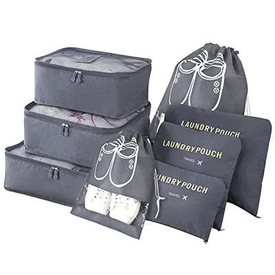 Kofferorganisator, 8-in-1-Set Gepäckorganisator, wasserdichte Reisekleidersäcke mit 2 Schuhsäcken, 3 Packwürfeln und 3 Aufbewahrungsbeuteln, für Kleidung, Schuhe, Kosmetika, grau